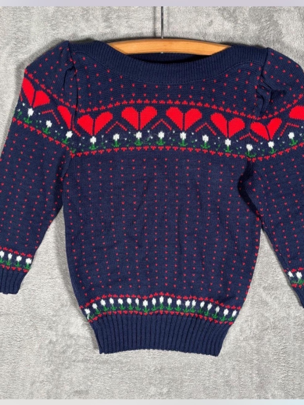 GAS CO Navy Fair Isle Knit Sweater with Red Hearts- Women